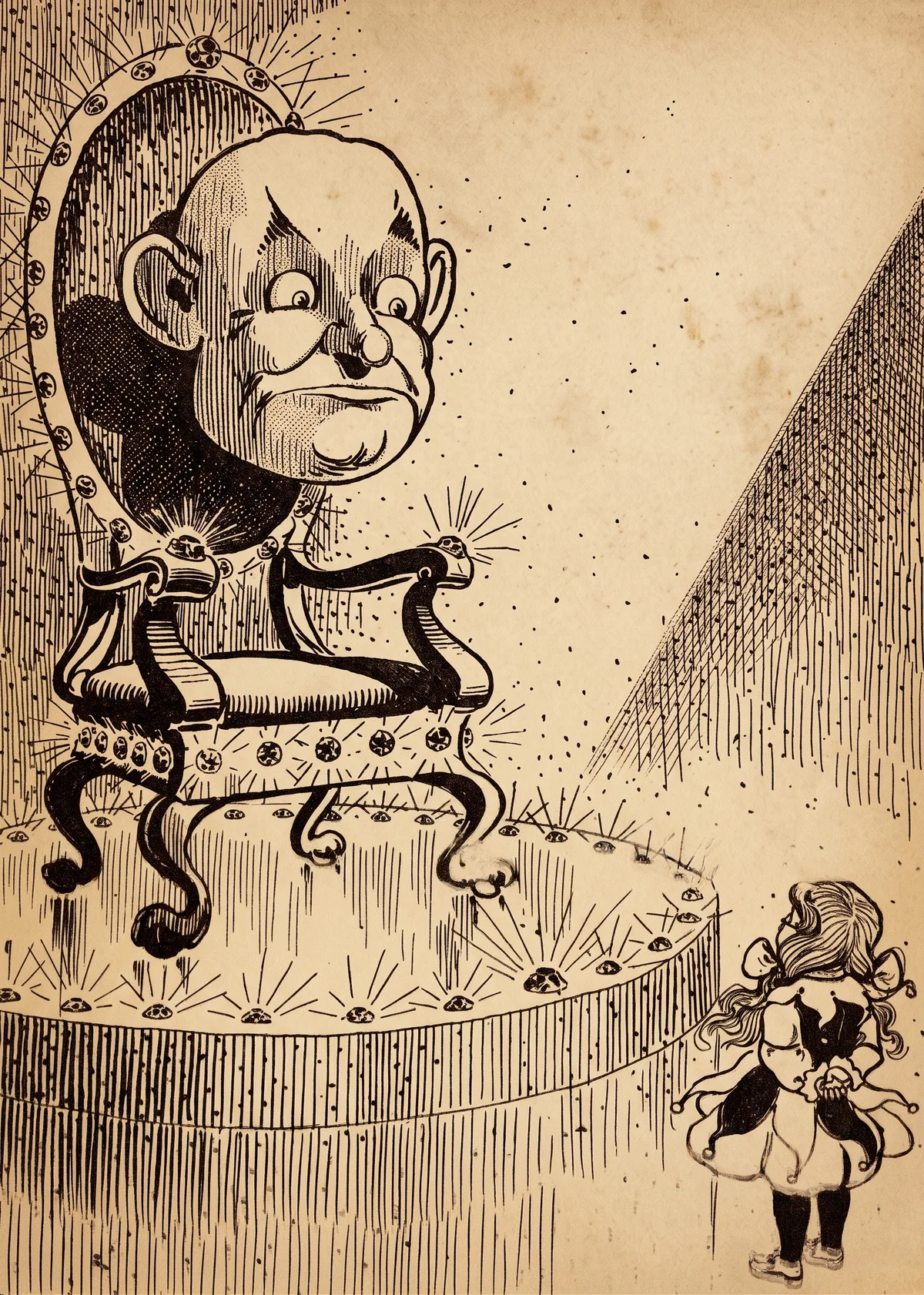 W. W. Denslow’s drawing of the Great Oz as an enormous bald head on a jewelled throne, with Dorothy standing small at its foot.