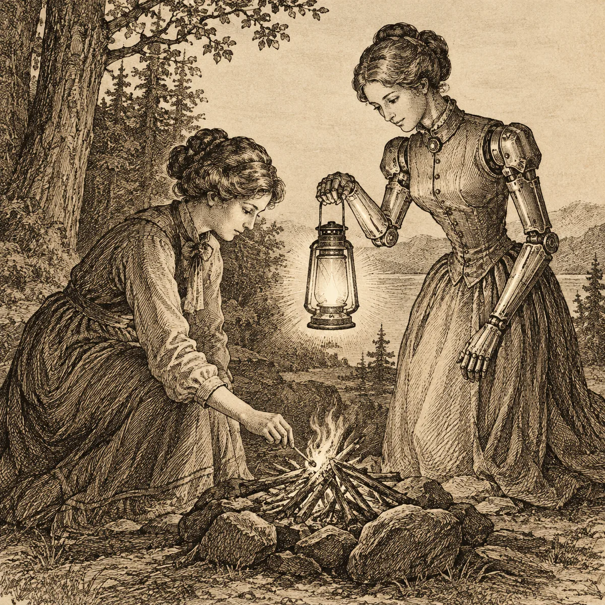 A Victorian-style line drawing of a woman kneeling to light a campfire with a match, while a woman automaton with mechanical arms stands beside her holding out a glowing lantern.